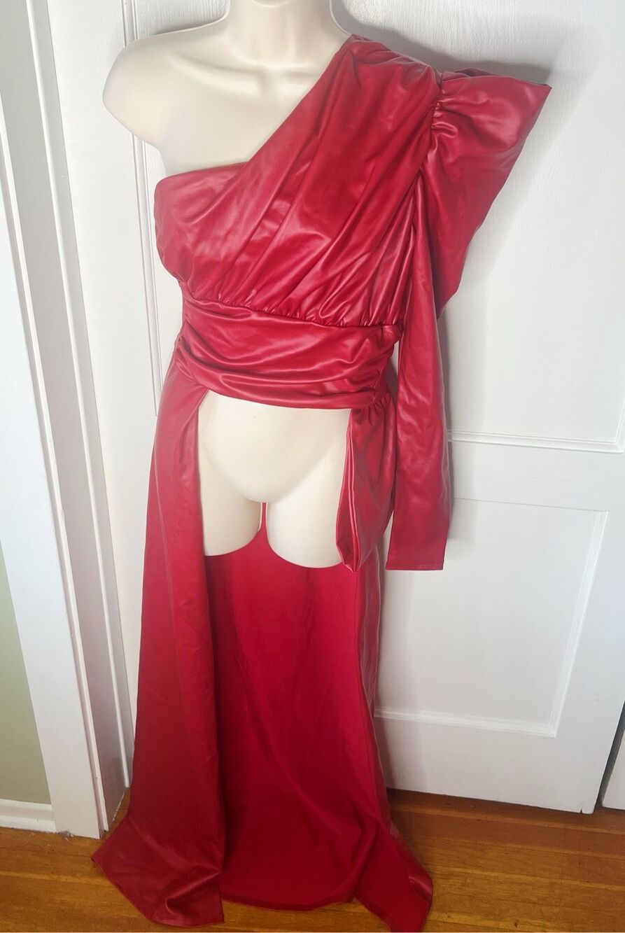 Win Win Draped Faux Leather One Shoulder Top Skirted Red Size Small